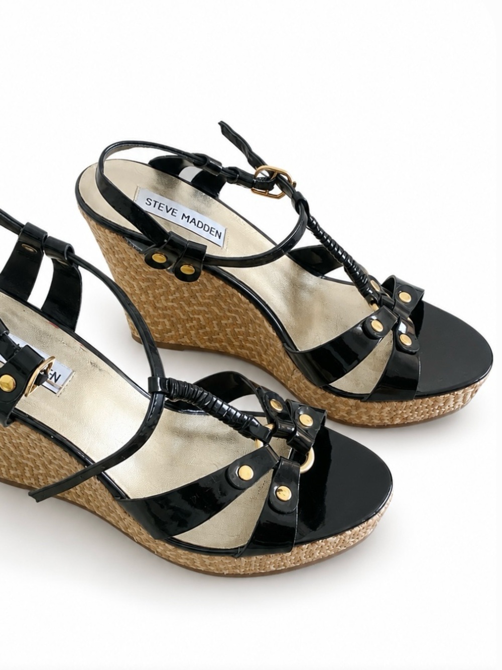 Steve Madden Black Patent Wedge Sandals with Braided Espadrille Heel
